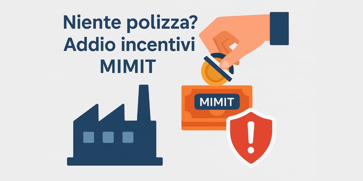 Illustrazione flat con fabbrica, mano che trattiene monete e banconote etichettate MIMIT, scudo rosso con punto esclamativo: perdita incentivi pubblici senza polizza catastrofale obbligatoria.