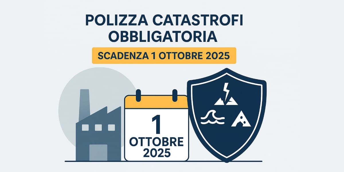 Illustrazione istituzionale con fabbrica, calendario e scudo: Polizza catastrofi obbligatoria, scadenza 1 ottobre 2025, protezione contro terremoti, alluvioni e frane.