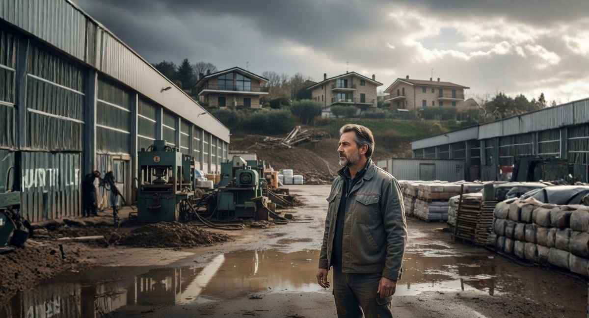 Capannone industriale in Italia dopo un’alluvione, simbolo dell’obbligo di polizza catastrofale per le imprese e della protezione dai rischi naturali.